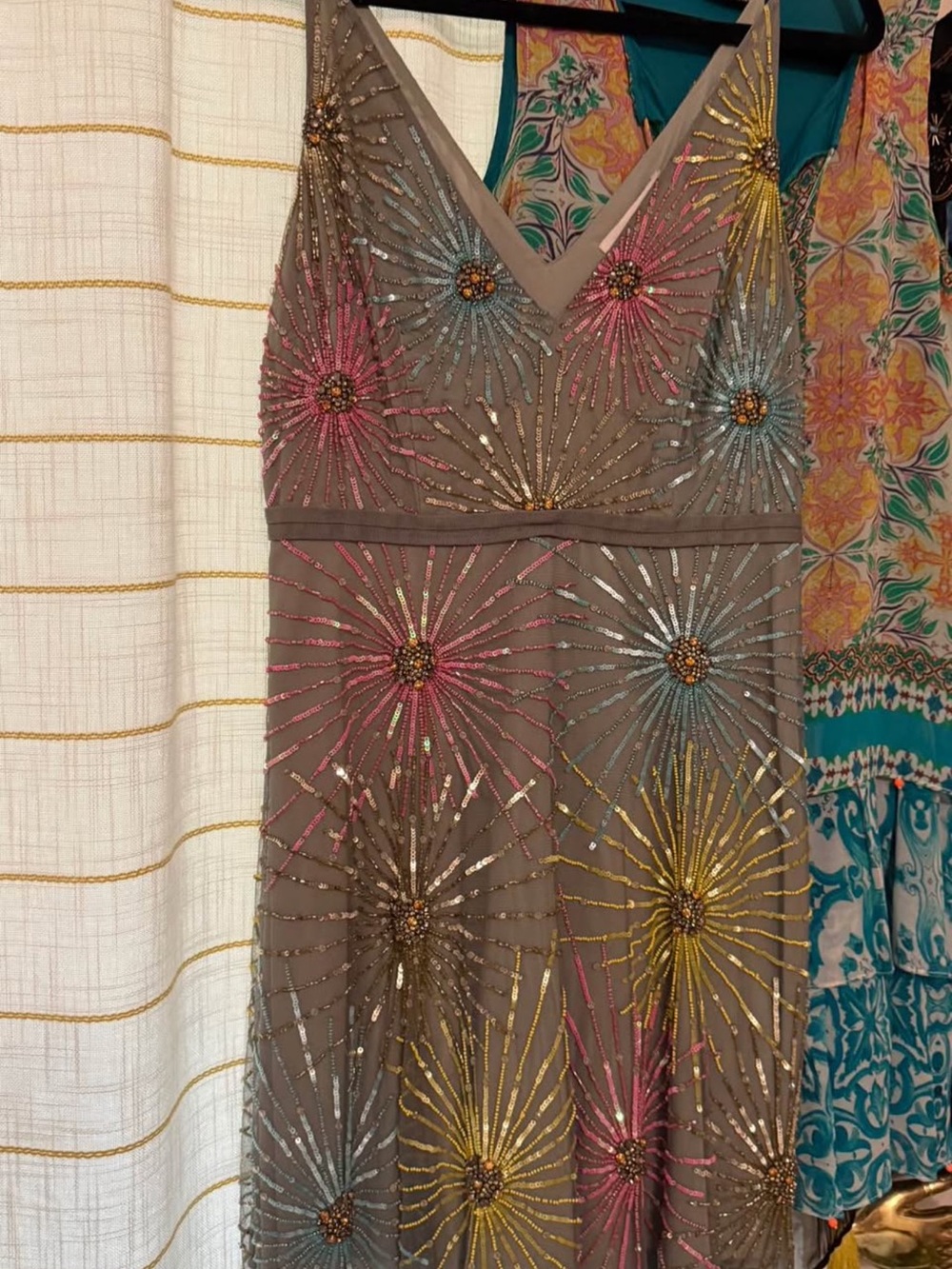 BHLDN Anthropologie Taupe Beaded Prom Dress with Pink, Blue, Gold Accents